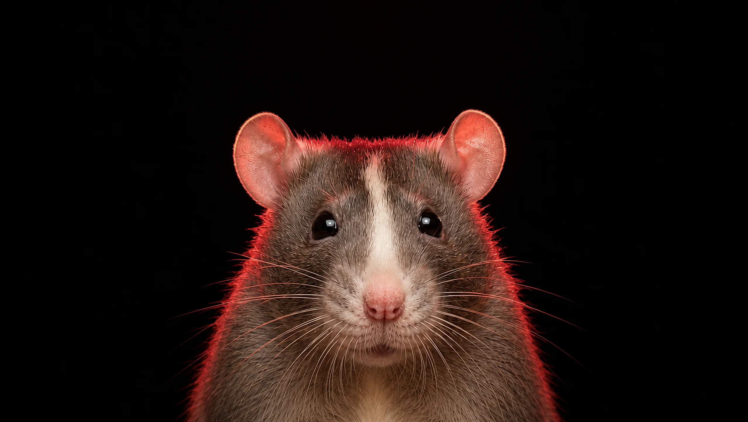 A rat staring directly at the viewer from a black background.