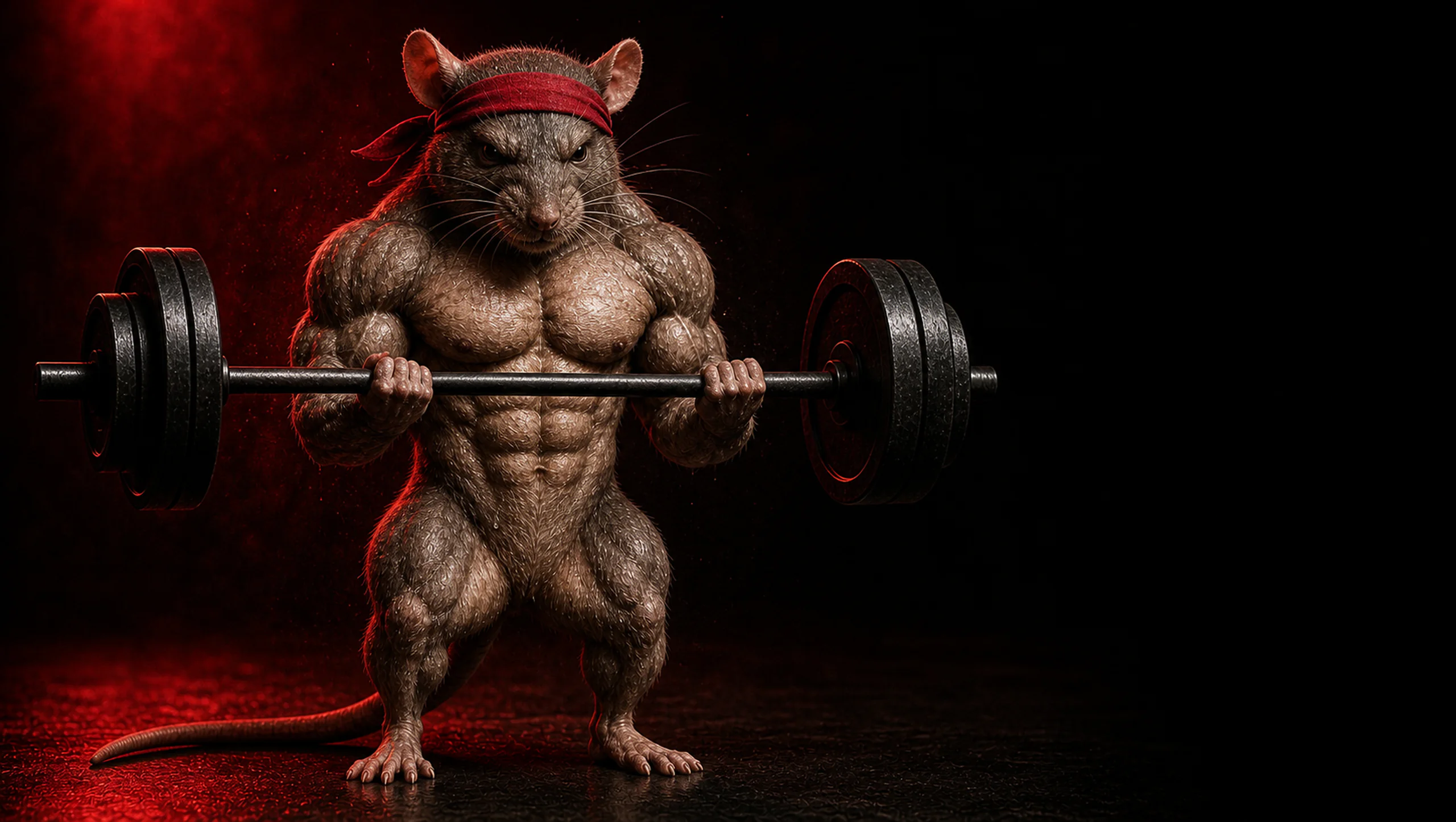 A ferociously muscular rat lifting a barbell while wearing a red bandana.
